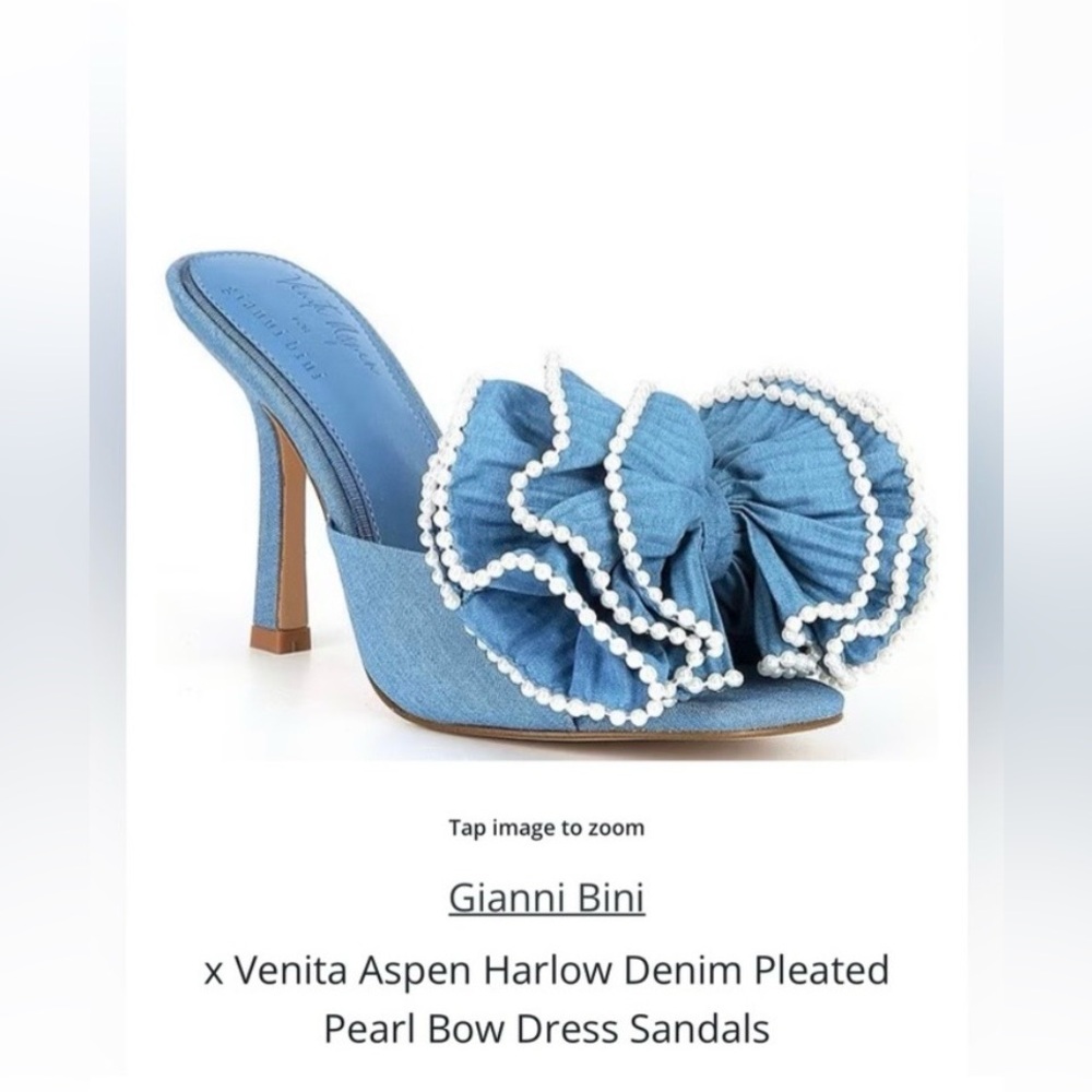 Gianni Bini Denim Pearl-Trim Ruffle Bow Sandals